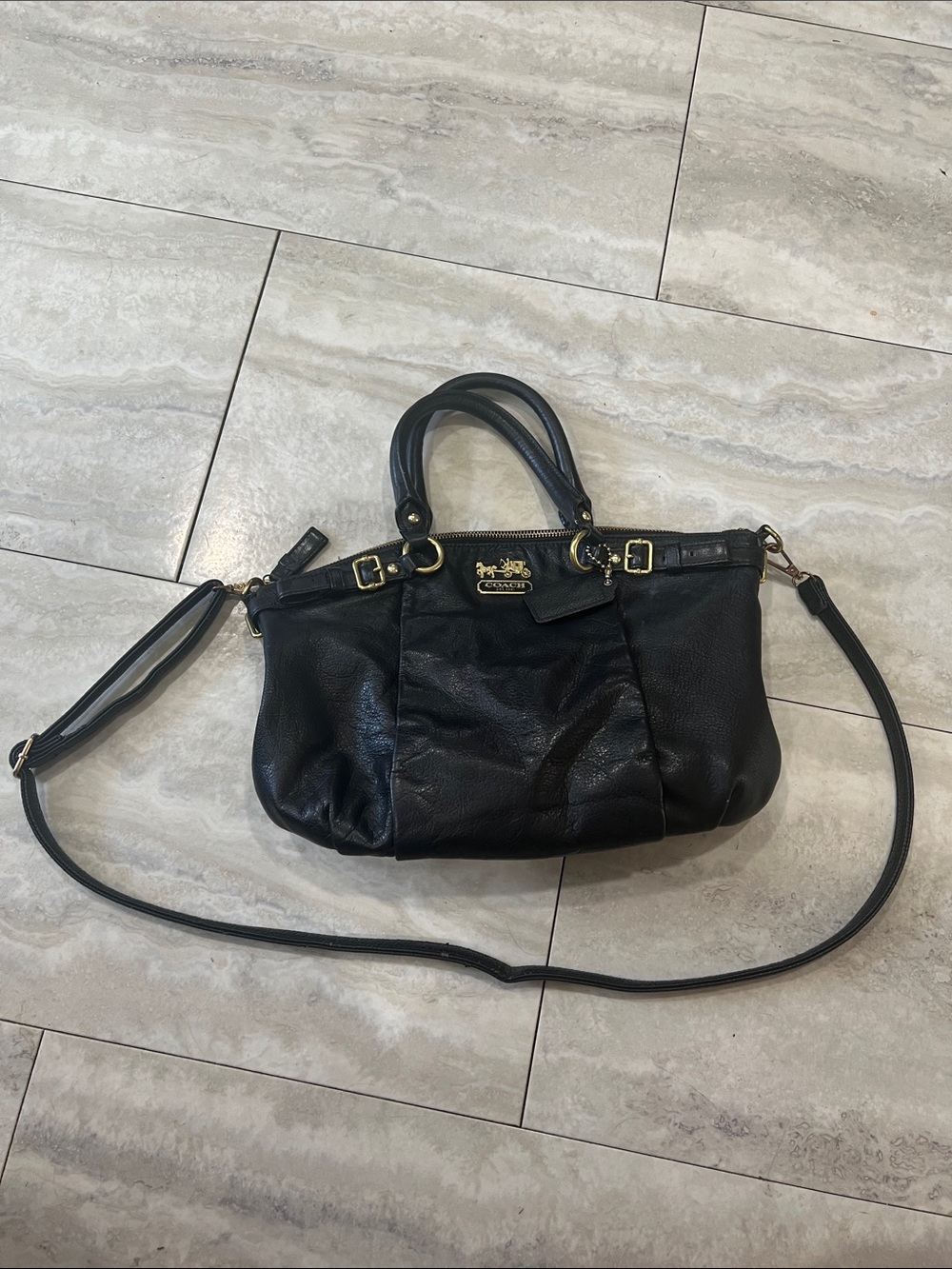 Coach Black Leather Dual-Handle Shoulder Bag with Gold Hardware